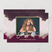 水彩ブルゴーニュ金ゴールド写真ブライダルシャワー セーブザデート (正面/裏面)