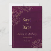 水彩ブルゴーニュ金ゴールド牡丹フローラ日付を保存 招待状 (正面)