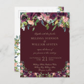 水彩ブルゴーニュ金ゴールド結婚フローラ インビテーションポストカード (正面/裏面)