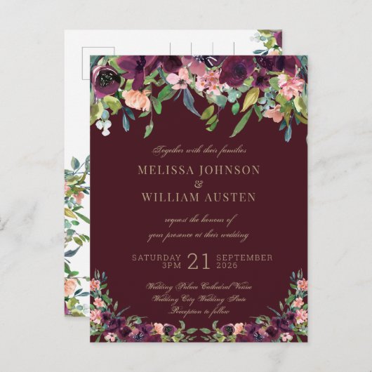 水彩ブルゴーニュ金ゴールド結婚フローラ インビテーションポストカード (正面/裏面)