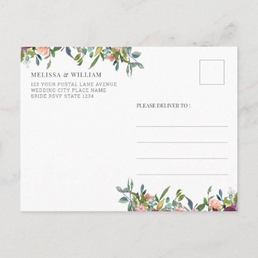 水彩ブルゴーニュ金ゴールド結婚フローラ インビテーションポストカード (裏面)