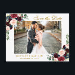 水彩ブルゴーニュ青フローラ金ゴールド保存日 案内ポストカード<br><div class="desc">水彩フローラブルガンディーブルー日付婚約はがき保存</div>