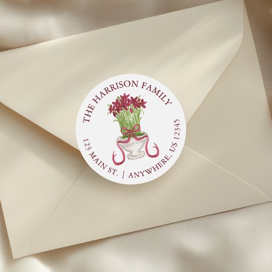 水彩ブルゴーニュ・アマリリス・クリスマスアドレス ラウンドシール