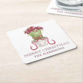 水彩ブルゴーニュ・アマリリス・クリスマス スクエアペーパーコースター