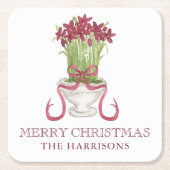 水彩ブルゴーニュ・アマリリス・クリスマス スクエアペーパーコースター (正面)