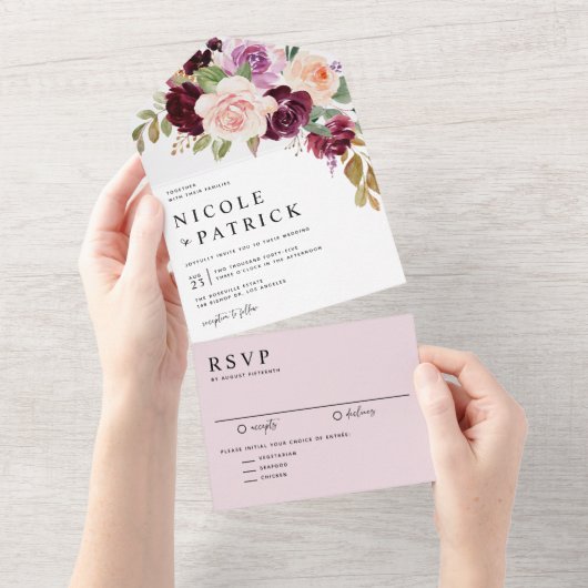 水彩ブルゴーニュ&ピーチフラワーズ秋の結婚式 オールインワン招待状 (貼ってはがせる)