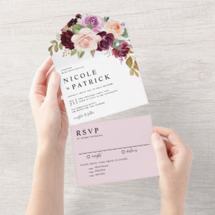 水彩ブルゴーニュ&ピーチフラワーズ秋の結婚式 オールインワン招待状