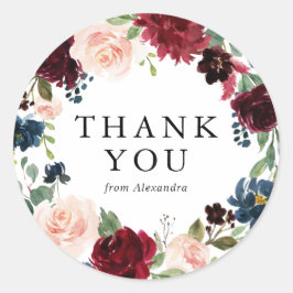 水彩ブルゴーニュ&ブルーフローラリース有難う ラウンドシール