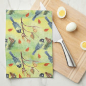 水彩ブルフィンチ、水彩鳥 キッチンタオル (四つ折り)