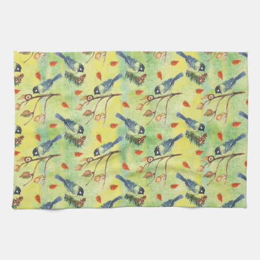 水彩ブルフィンチ、水彩鳥 キッチンタオル (横)