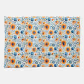 水彩ブルーとオレンジのフローラキッチンタオル キッチンタオル (横)