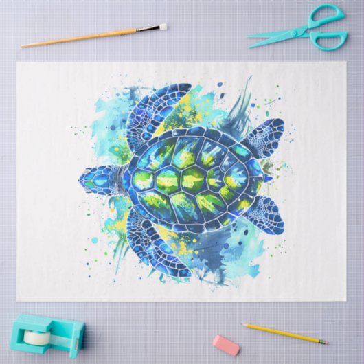水彩ブルーとグリーンの海ガメのデコパージュ 薄葉紙 (クラフト)