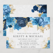 水彩ブルーとゴールドの花のウェディング 招待状 (正面/裏面)