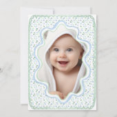 水彩ブルーとセージグリーン 1歳誕生日写真 招待状 (裏面)