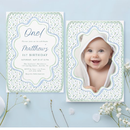 水彩ブルーとセージグリーン 1歳誕生日写真 招待状
