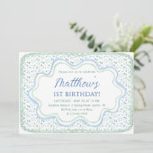 水彩ブルーとセージ緑の最初の誕生日の写真 招待状 (スタンド正面)