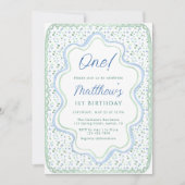 水彩ブルーとセージ緑1st誕生日パーティー 招待状 (正面)