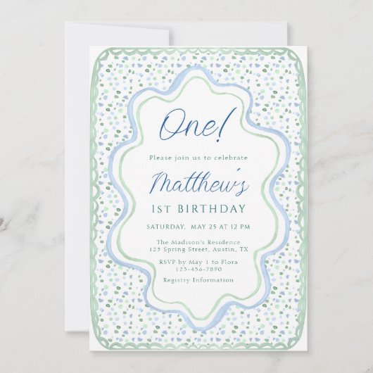 水彩ブルーとセージ緑1st誕生日パーティー 招待状 (正面)