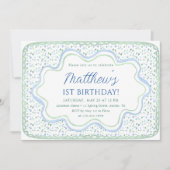 水彩ブルーとセージ緑1st誕生日パーティー 招待状 (正面)