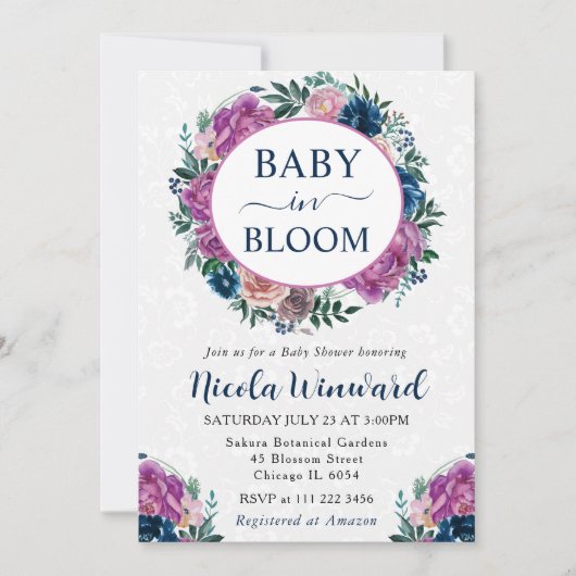 水彩ブルーとパープルリースベビーシャワー 招待状 (正面)