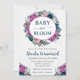 水彩ブルーとパープルリースベビーシャワー 招待状