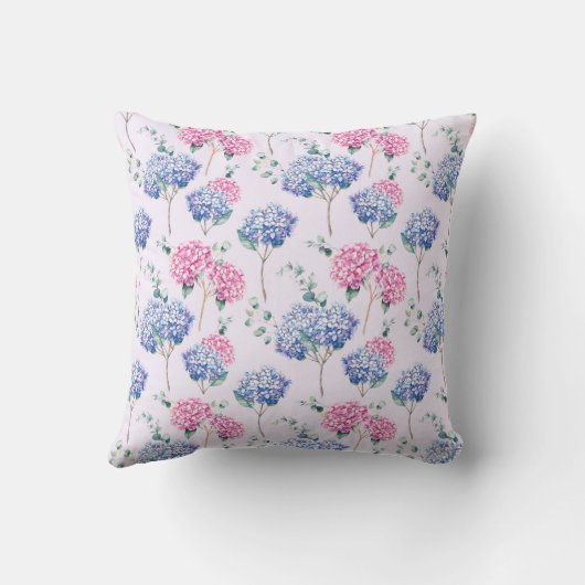 水彩ブルーとピンクのハイドランジアの花柄 クッション (裏面)