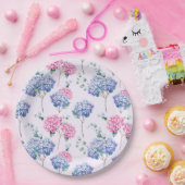 水彩ブルーとピンクのハイドランジアの花柄 ペーパープレート (パーティー)