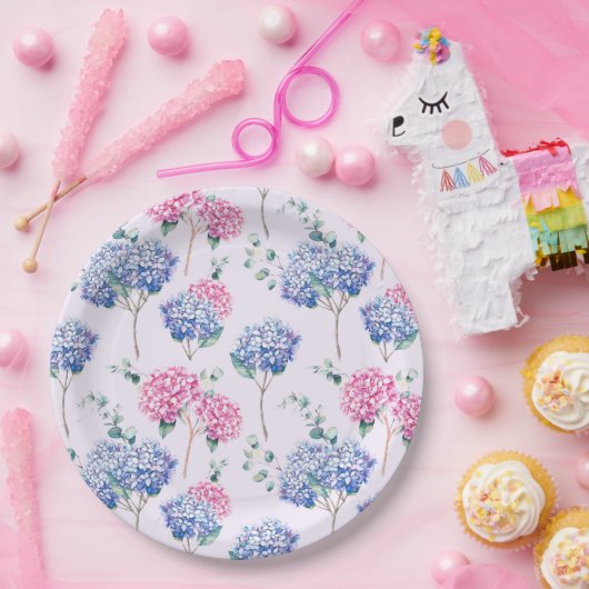 水彩ブルーとピンクのハイドランジアの花柄 ペーパープレート (パーティー)