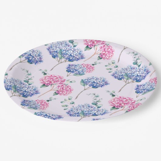 水彩ブルーとピンクのハイドランジアの花柄 ペーパープレート (アングル)