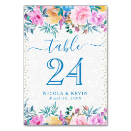 水彩ブルーとピンクの結婚花 テーブルナンバー