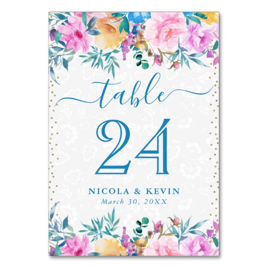 水彩ブルーとピンクの結婚花 テーブルナンバー (正面)