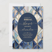 水彩ブルーと金ゴールドアールデコブライダル 招待状 (正面)