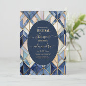 水彩ブルーと金ゴールドアールデコブライダル 招待状 (スタンド正面)
