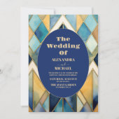 水彩ブルーと金ゴールドアールデコ結婚ズ 招待状 (正面)