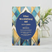 水彩ブルーと金ゴールドアールデコ結婚ズ 招待状 (スタンド正面)