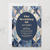 水彩ブルーと金ゴールドアールデコ結婚ズ 招待状 (正面)