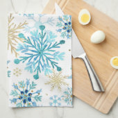 水彩ブルーと金ゴールドグリッター冬の雪片 キッチンタオル (四つ折り)