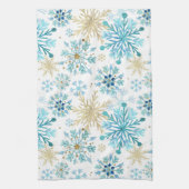 水彩ブルーと金ゴールドグリッター冬の雪片 キッチンタオル (縦)
