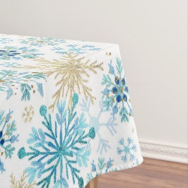 水彩ブルーと金ゴールドグリッター冬の雪片 テーブルクロス