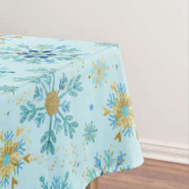 水彩ブルーと金ゴールドグリッター冬の雪片 テーブルクロス