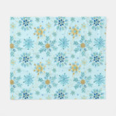 水彩ブルーと金ゴールドグリッター冬の雪片 フリースブランケット (正面(横))