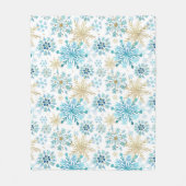 水彩ブルーと金ゴールドグリッター冬の雪片 フリースブランケット (正面)