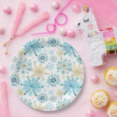 水彩ブルーと金ゴールドグリッター冬の雪片 ペーパープレート (パーティー)