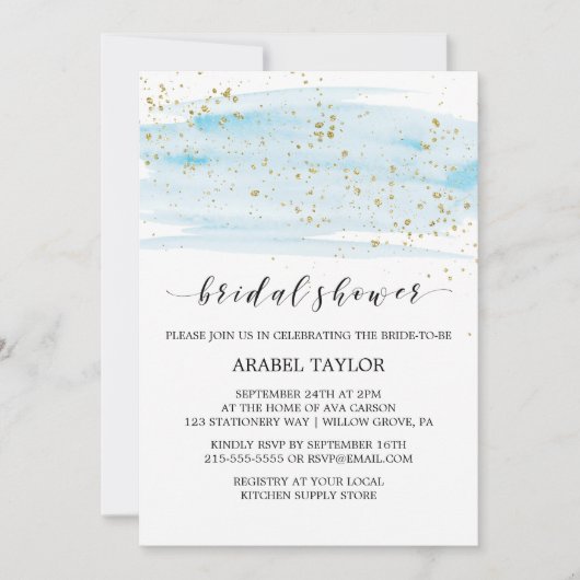 水彩ブルーと金ゴールドスパークルブライダルシャワー 招待状 (正面)
