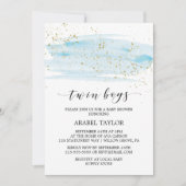 水彩ブルーと金ゴールドツインボーイズ赤ちゃんシャワー 招待状 (正面)