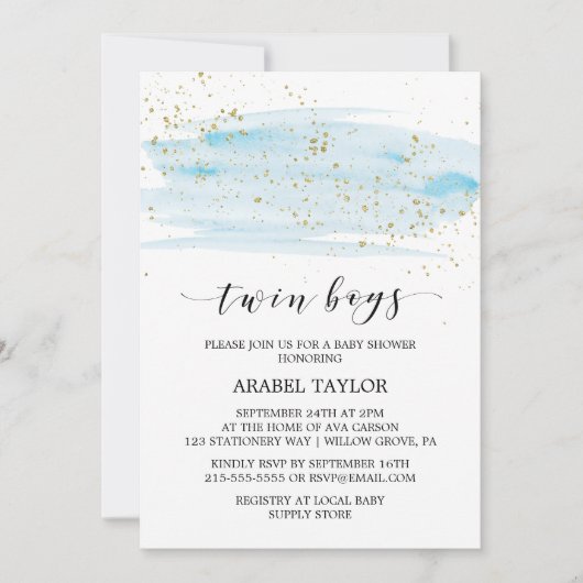 水彩ブルーと金ゴールドツインボーイズ赤ちゃんシャワー 招待状 (正面)