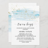 水彩ブルーと金ゴールドツインボーイズ赤ちゃんシャワー 招待状 (正面/裏面)