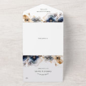 水彩ブルーと金ゴールドフローラ結婚ズ オールインワン招待状 (外側)