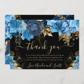 水彩ブルーと金ゴールド結婚の花 サンキューカード (正面/裏面)