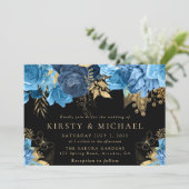水彩ブルーと金ゴールド結婚の花 招待状 (スタンド正面)